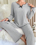 Soft Rib Knit Lounge Set With Bow Trim - Grey