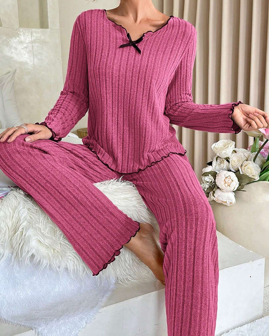 Soft Rib Knit Lounge Set With Bow Trim - Rose-Red