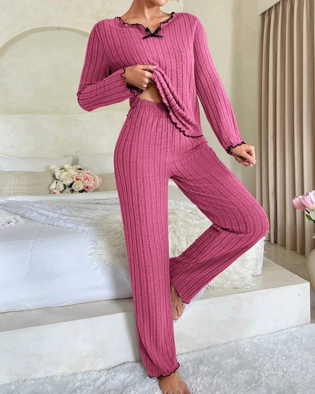 Soft Rib Knit Lounge Set With Bow Trim - Rose-Red - 1