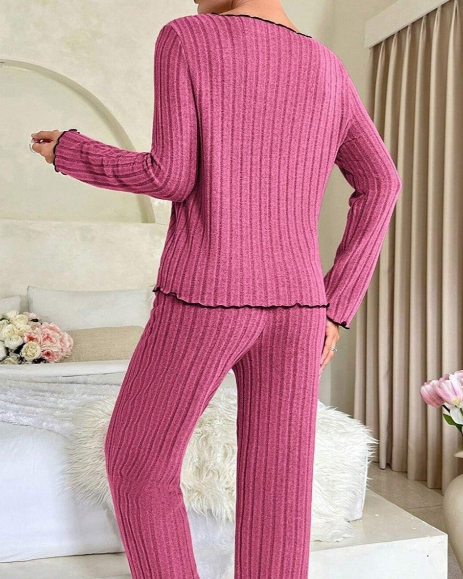 Soft Rib Knit Lounge Set With Bow Trim - Rose-Red - 2