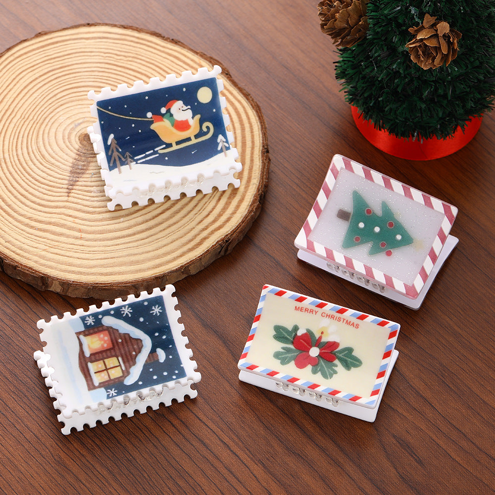 Holiday Postage Stamp Claw Hair Clips