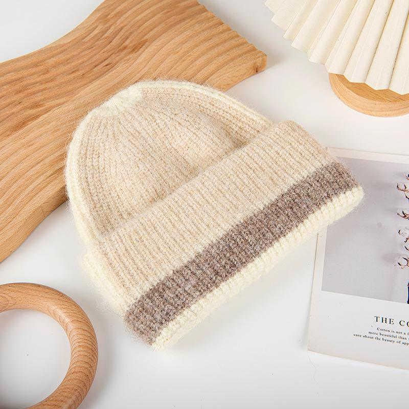 Soft Ribbed Cuff Beanie With Contrast Stripe Band - Beige