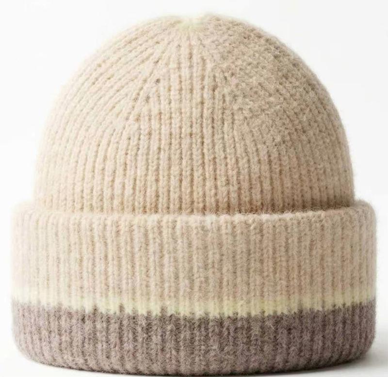 Soft Ribbed Cuff Beanie With Contrast Stripe Band - Beige - 1