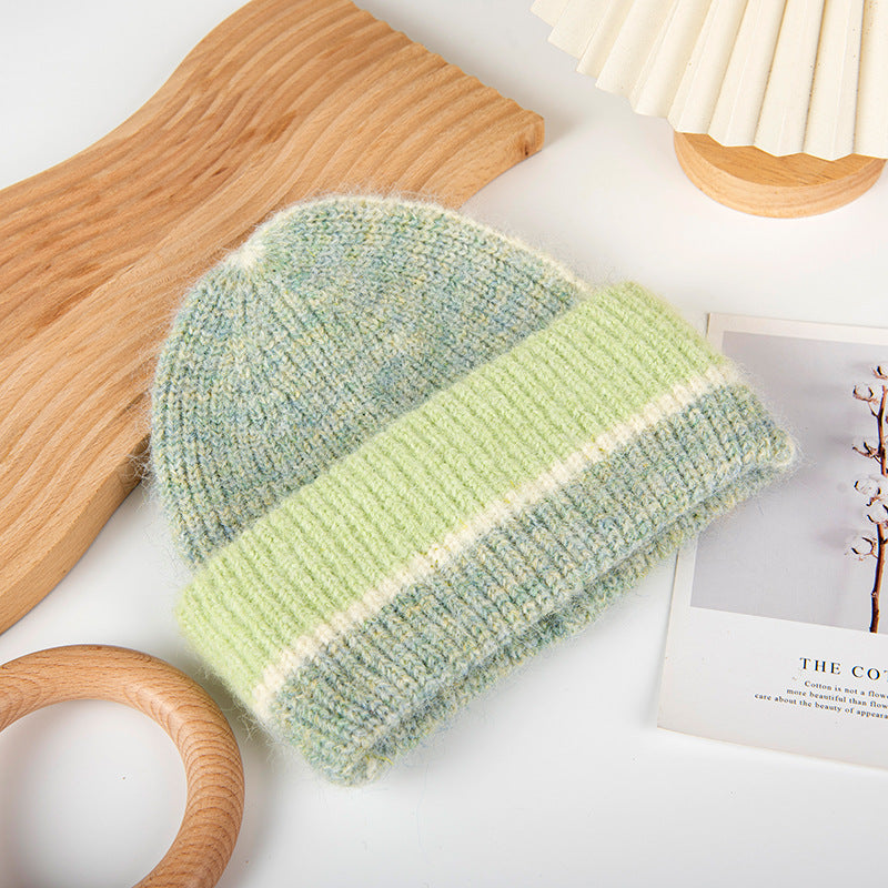 Soft Ribbed Cuff Beanie With Contrast Stripe Band - Green