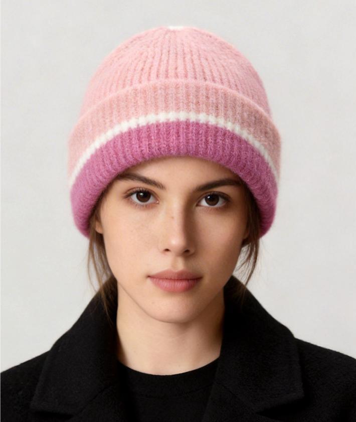 Soft Ribbed Cuff Beanie With Contrast Stripe Band - Pink