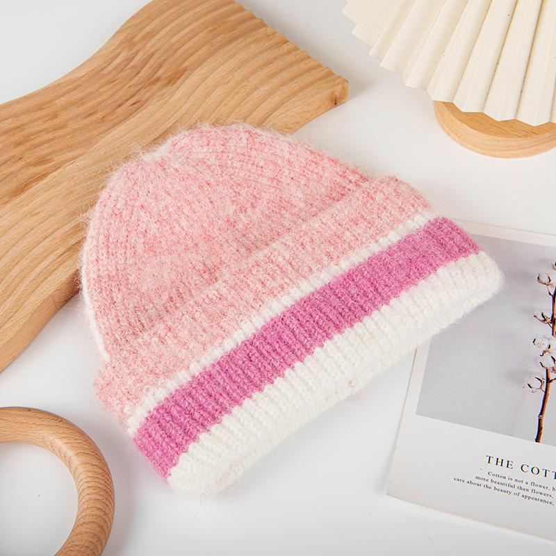 Soft Ribbed Cuff Beanie With Contrast Stripe Band - Pink - 1