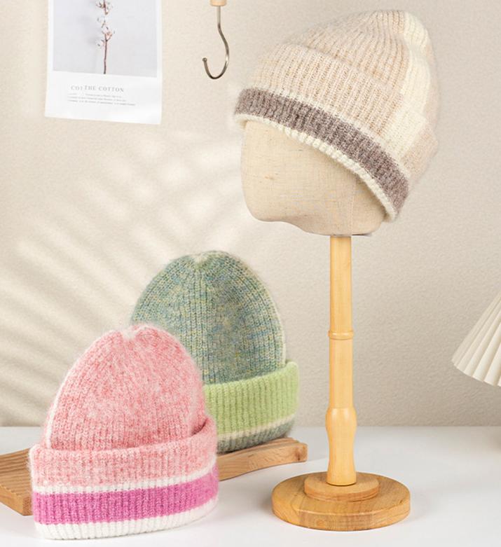 Soft Ribbed Cuff Beanie With Contrast Stripe Band - Pink - 3