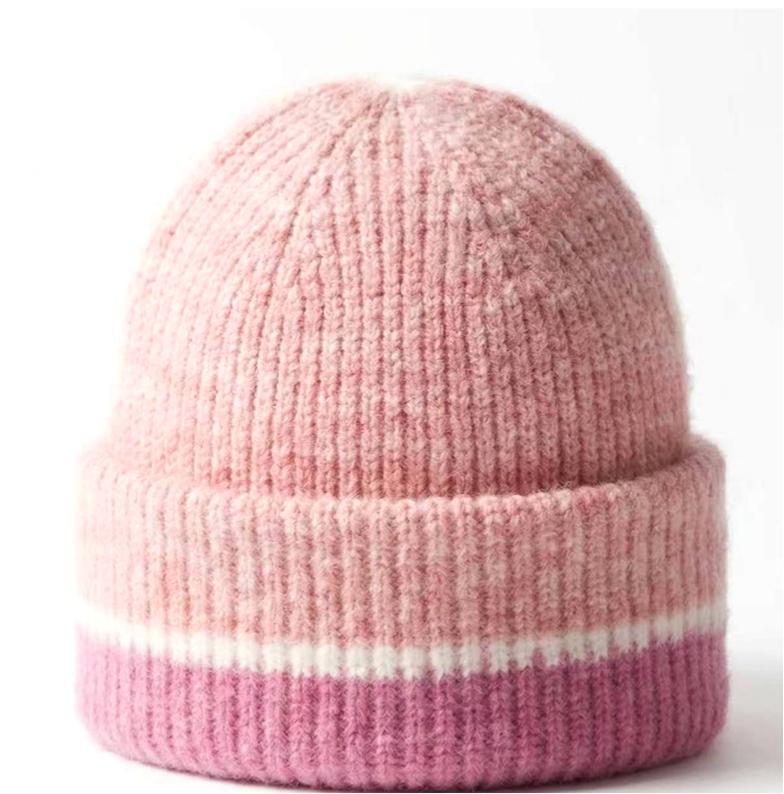Soft Ribbed Cuff Beanie With Contrast Stripe Band - Pink - 5
