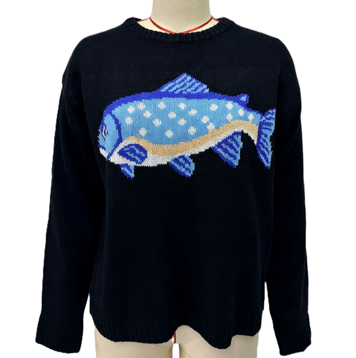 Novelty Fish Intarsia Crewneck Knit Sweater - Black