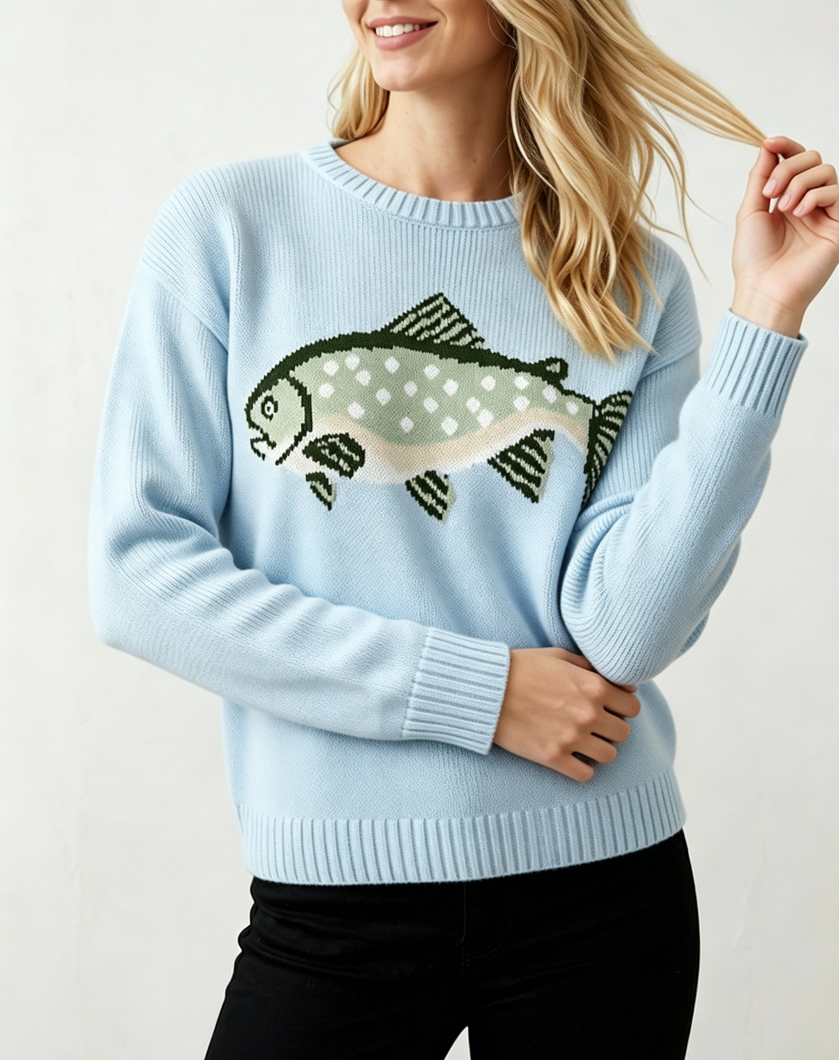 Novelty Fish Intarsia Crewneck Knit Sweater - Blue