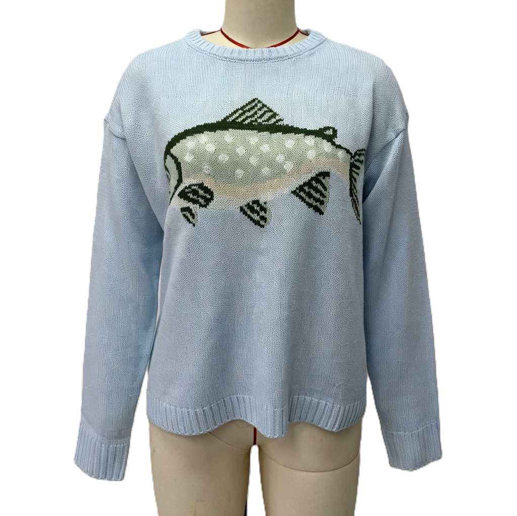 Novelty Fish Intarsia Crewneck Knit Sweater - Blue - 1