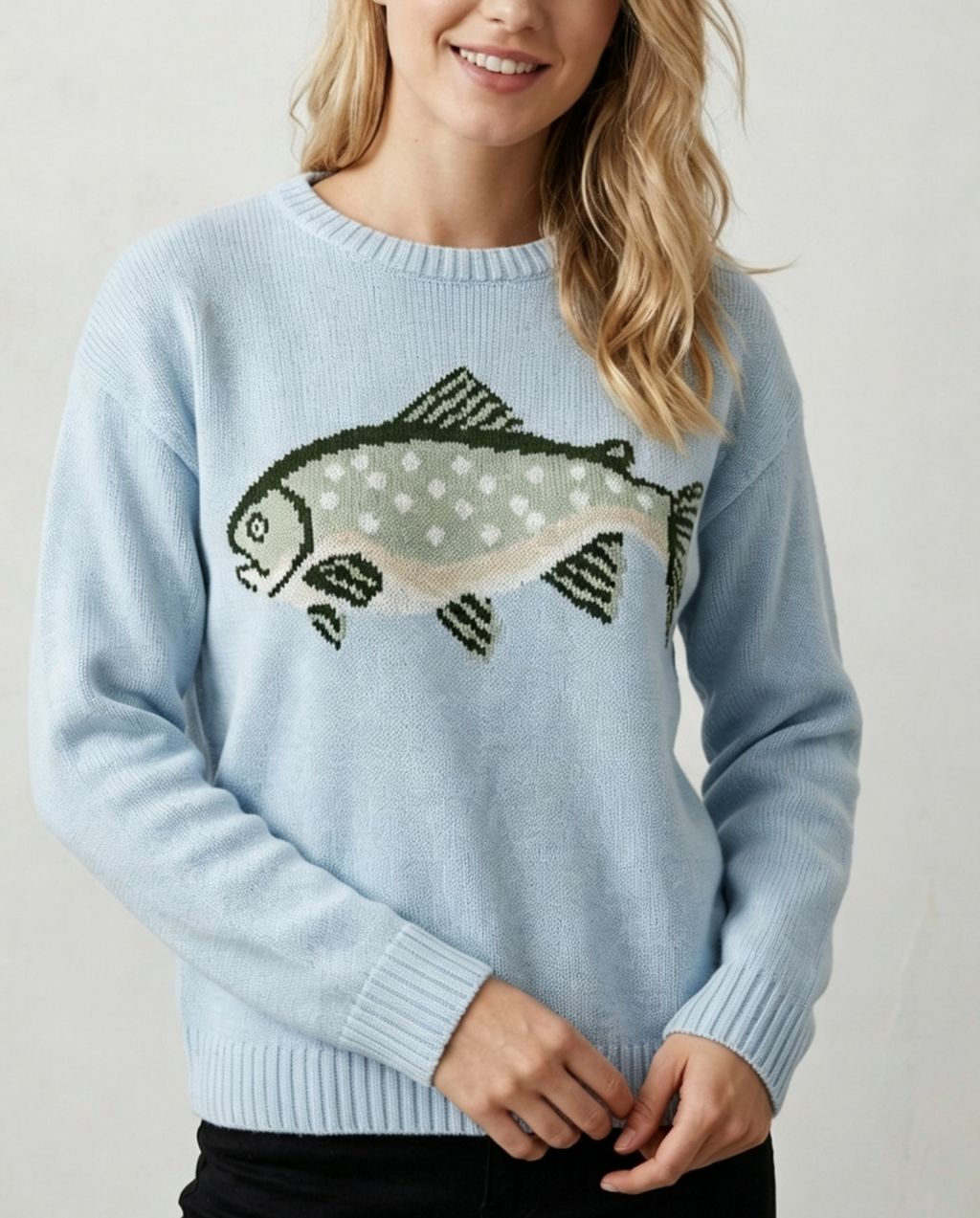 Novelty Fish Intarsia Crewneck Knit Sweater - Blue - 3