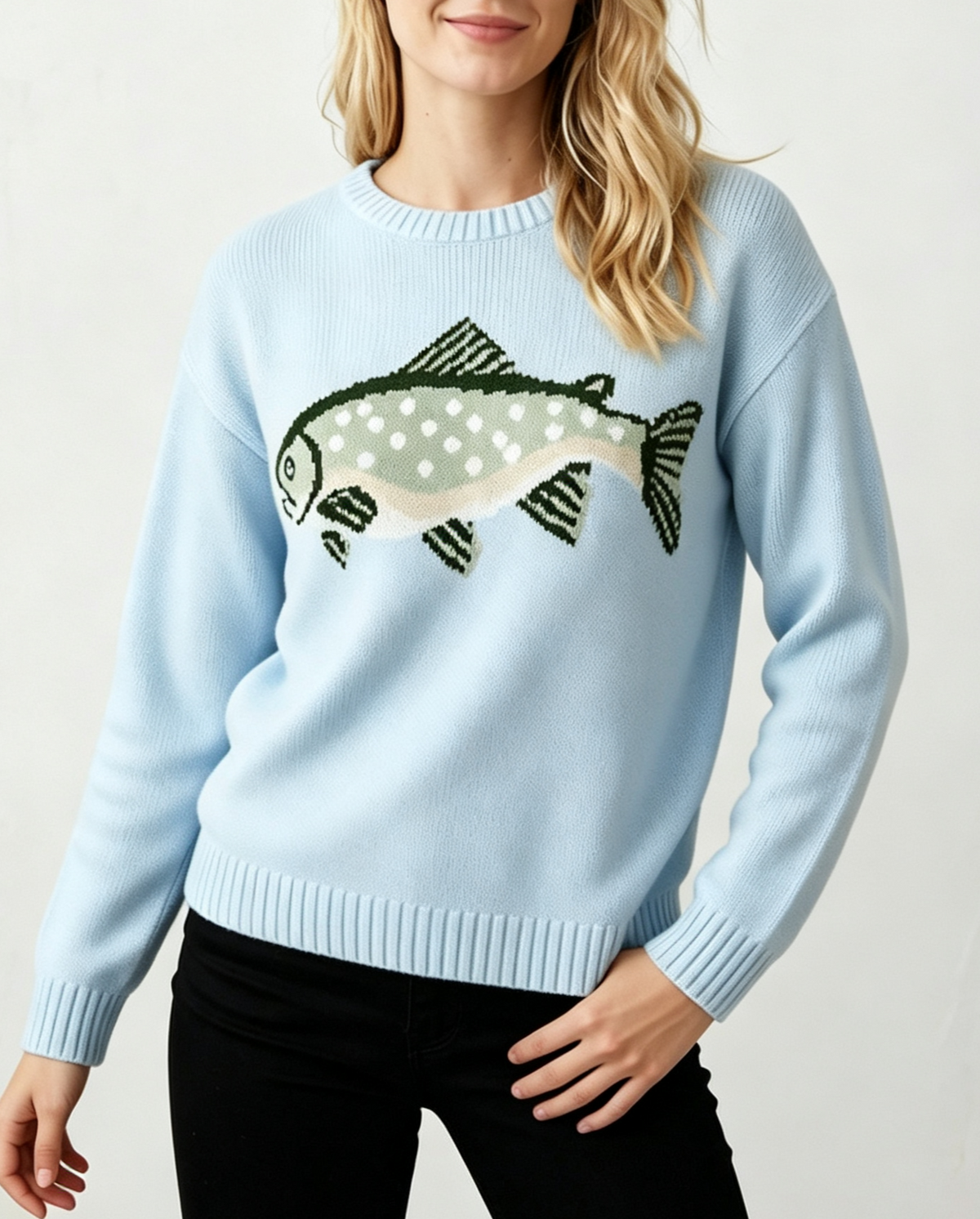 Novelty Fish Intarsia Crewneck Knit Sweater - Blue - 4