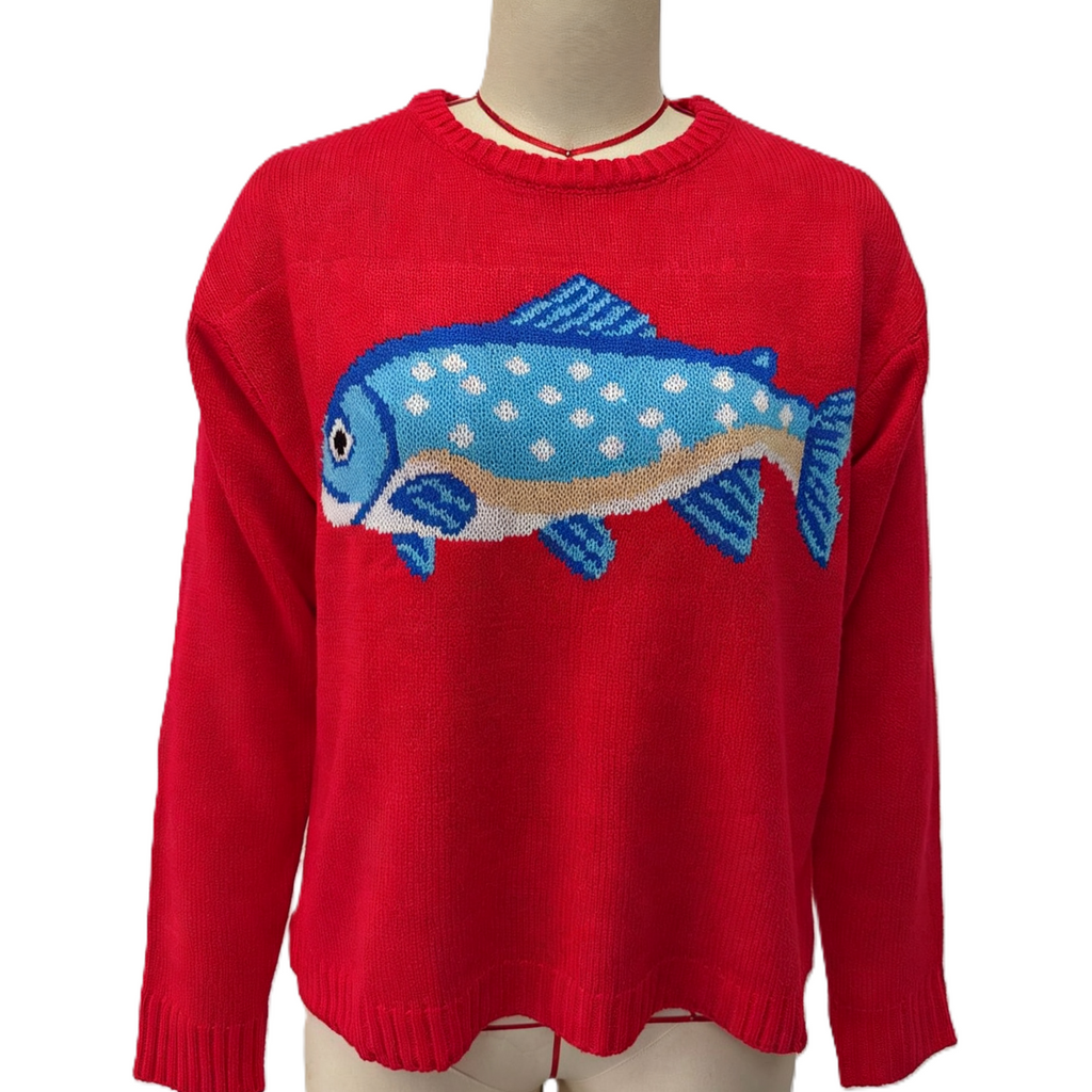 Novelty Fish Intarsia Crewneck Knit Sweater - Red