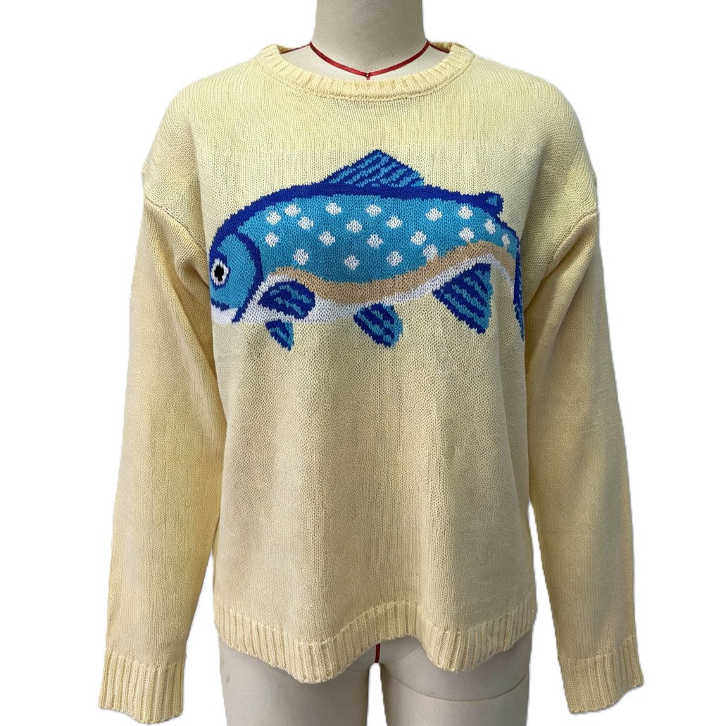 Novelty Fish Intarsia Crewneck Knit Sweater - Yellow