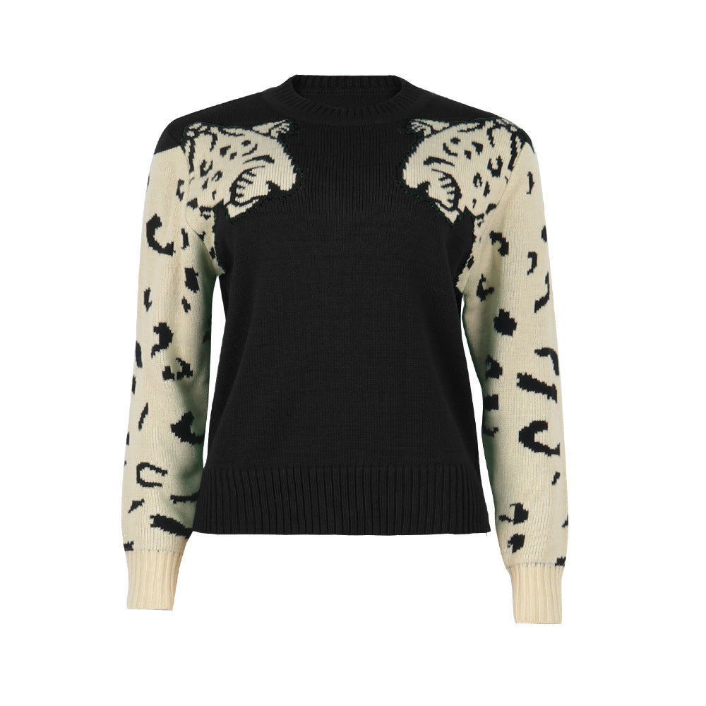 Leopard Intarsia Crew Neck Knit Sweater - Black