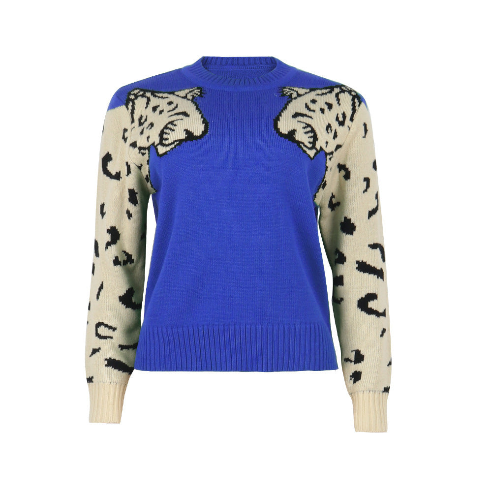Leopard Intarsia Crew Neck Knit Sweater - Blue