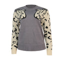 Leopard Intarsia Crew Neck Knit Sweater - Grey