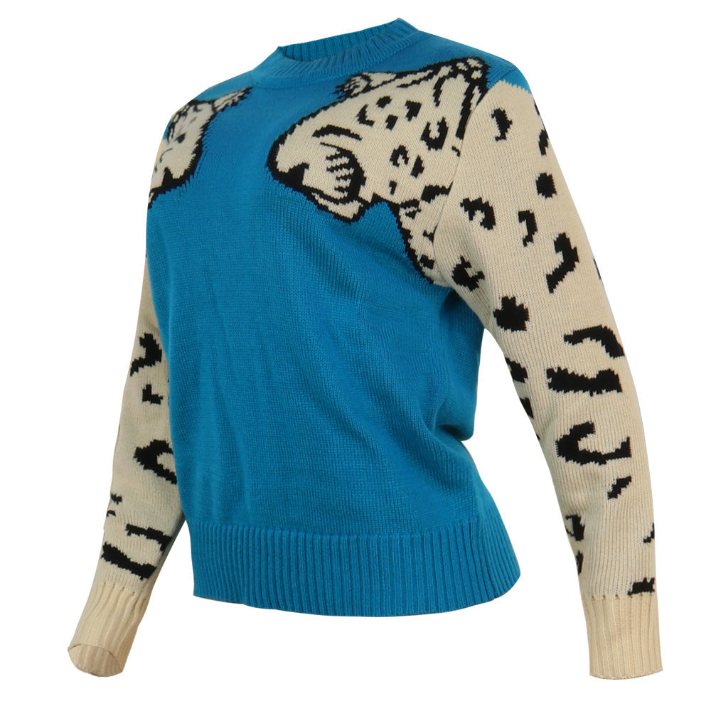 Leopard Intarsia Crew Neck Knit Sweater - LakeBlue - 1