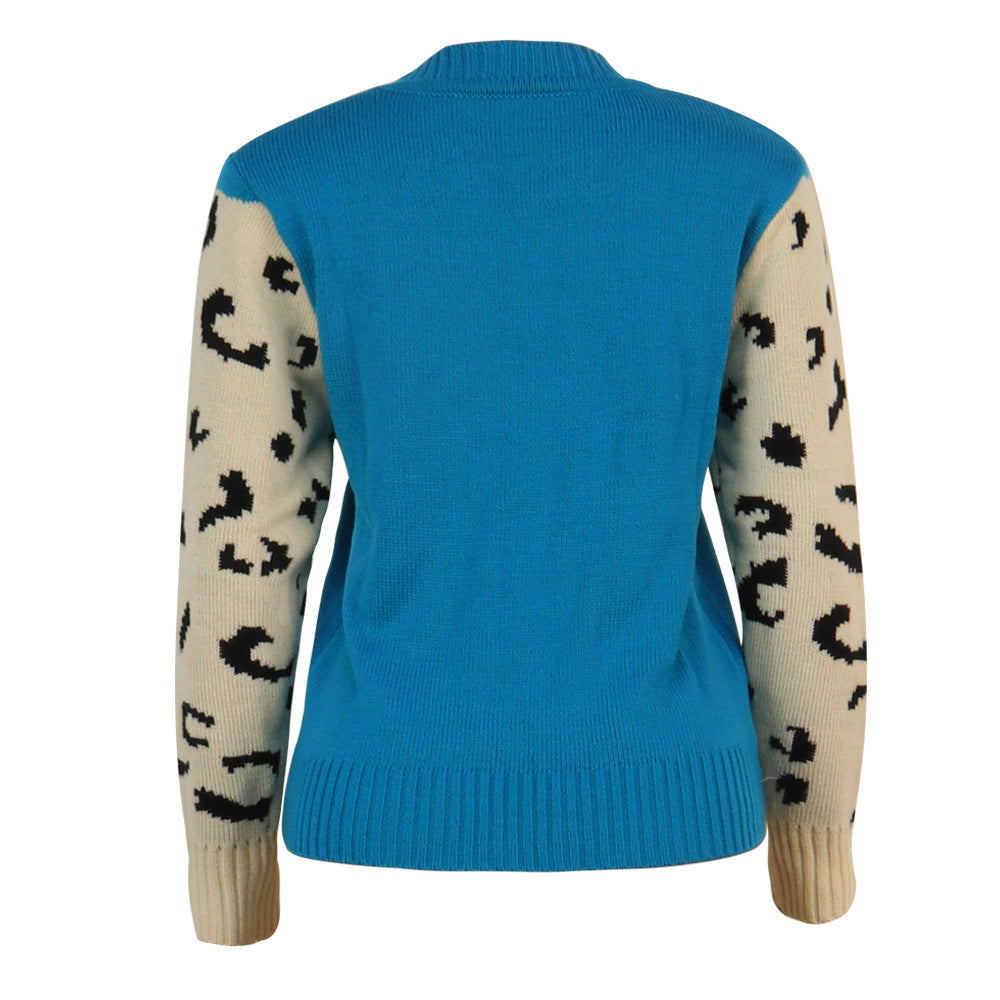 Leopard Intarsia Crew Neck Knit Sweater - LakeBlue - 2