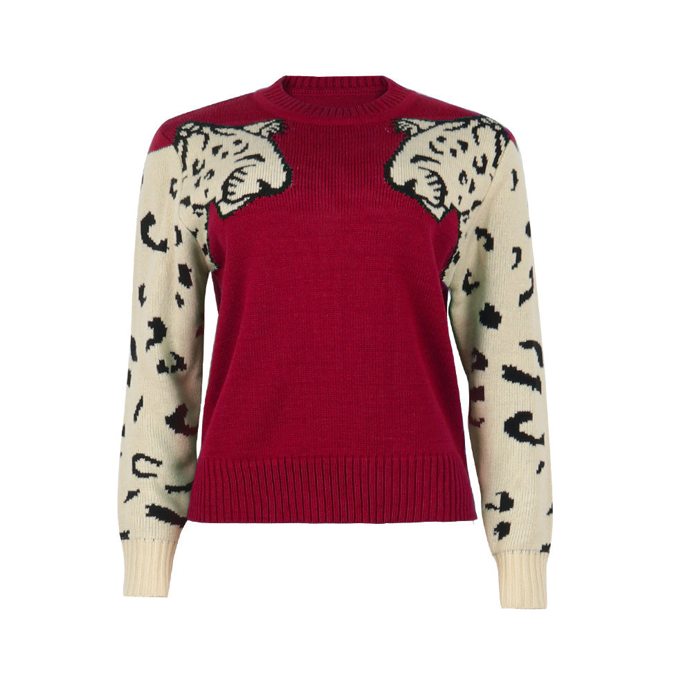 Leopard Intarsia Crew Neck Knit Sweater - Red