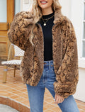 Snake Print Plush Stand Collar Zip Coat - Brown