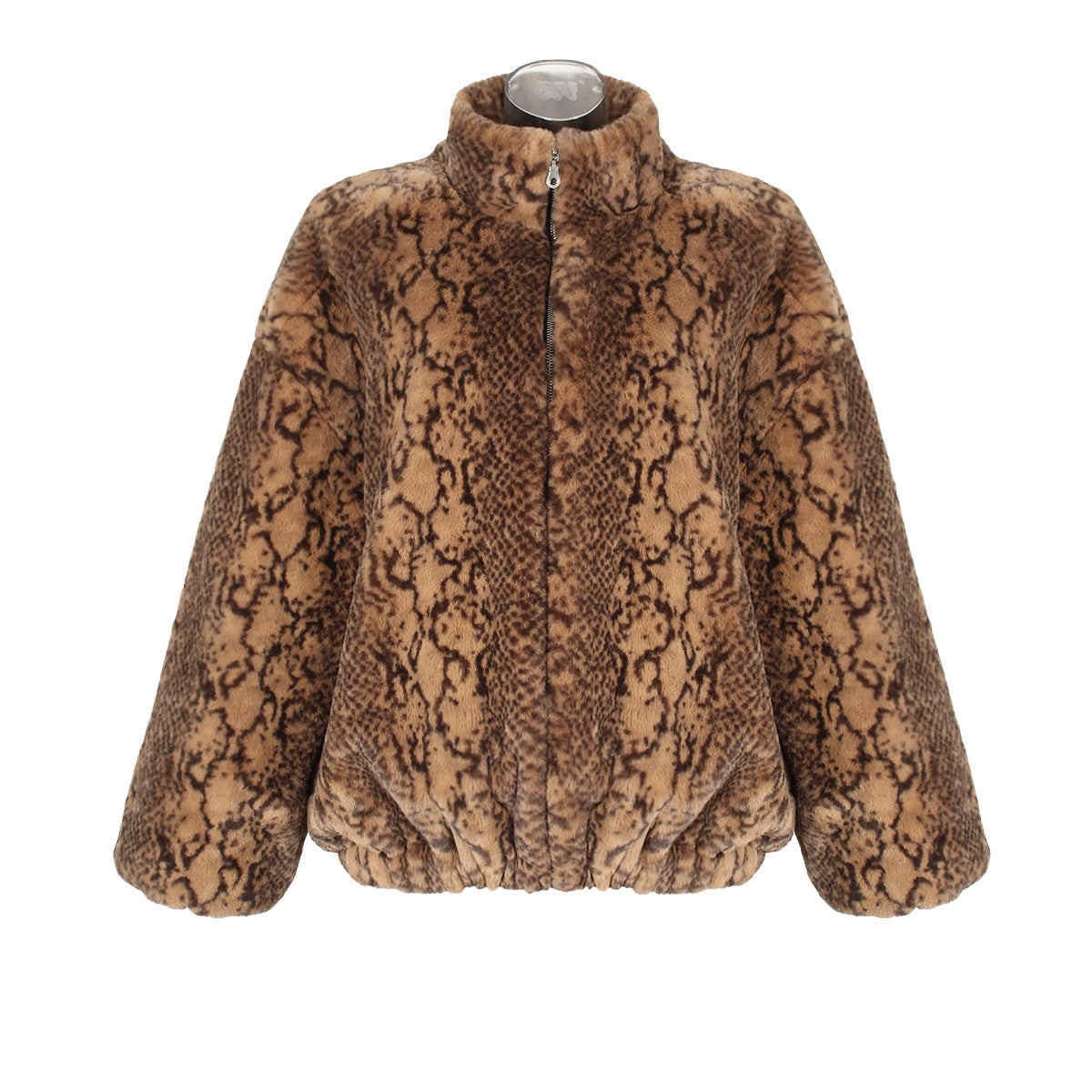 Snake Print Plush Stand Collar Zip Coat - Brown - 1