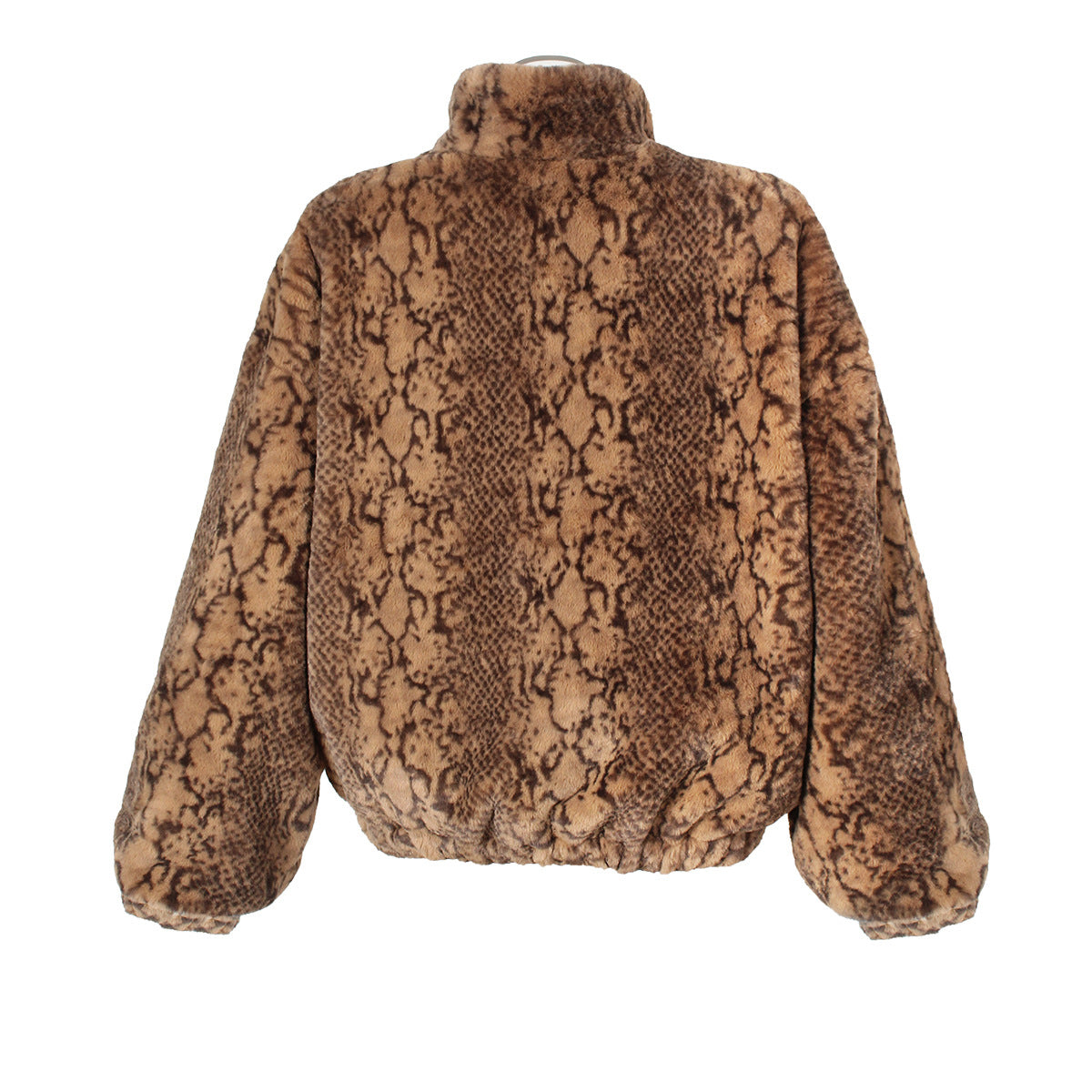 Snake Print Plush Stand Collar Zip Coat - Brown - 2
