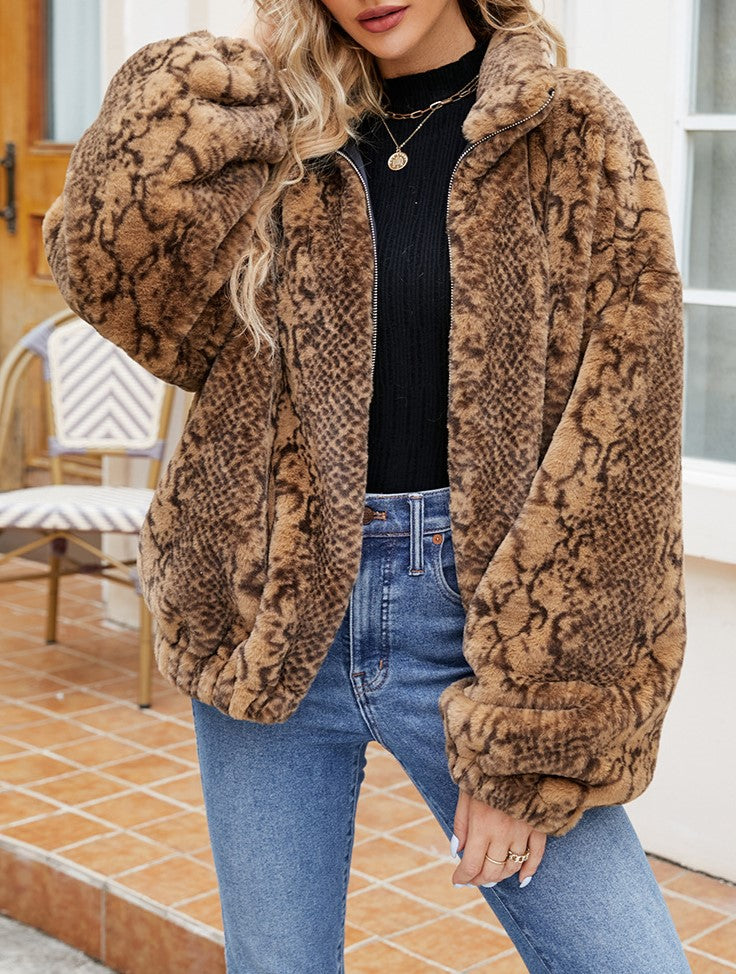 Snake Print Plush Stand Collar Zip Coat - Brown - 3