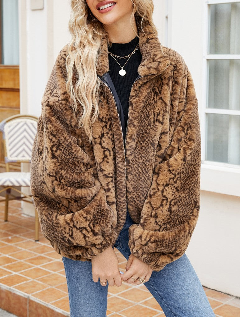 Snake Print Plush Stand Collar Zip Coat - Brown - 4