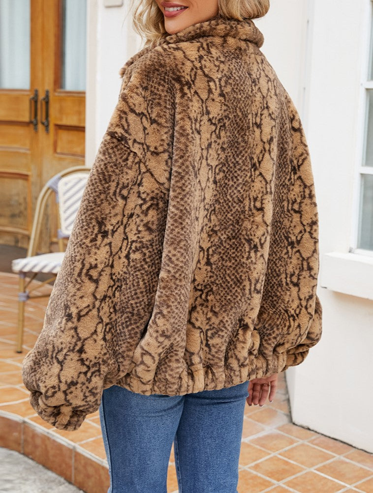Snake Print Plush Stand Collar Zip Coat - Brown - 5