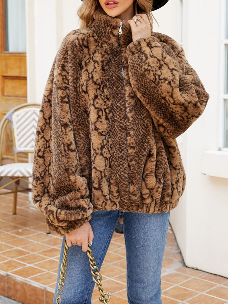 Snake Print Plush Stand Collar Zip Coat - Brown - 6