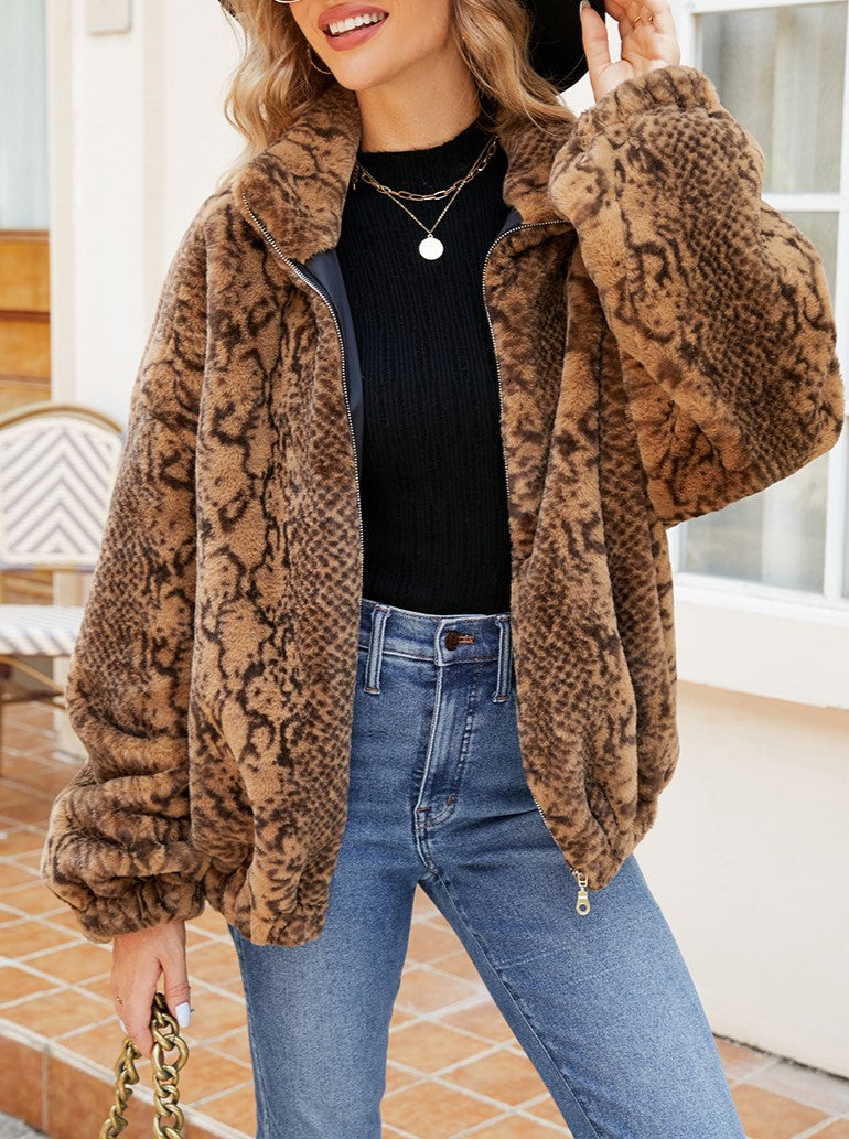 Snake Print Plush Stand Collar Zip Coat