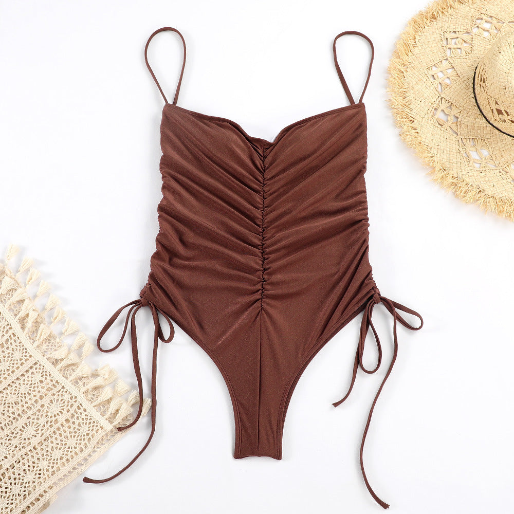 Cinched Front High Leg One Piece Swimsuit - Brown