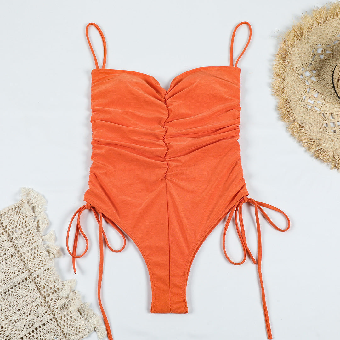Cinched Front High Leg One Piece Swimsuit - Orange