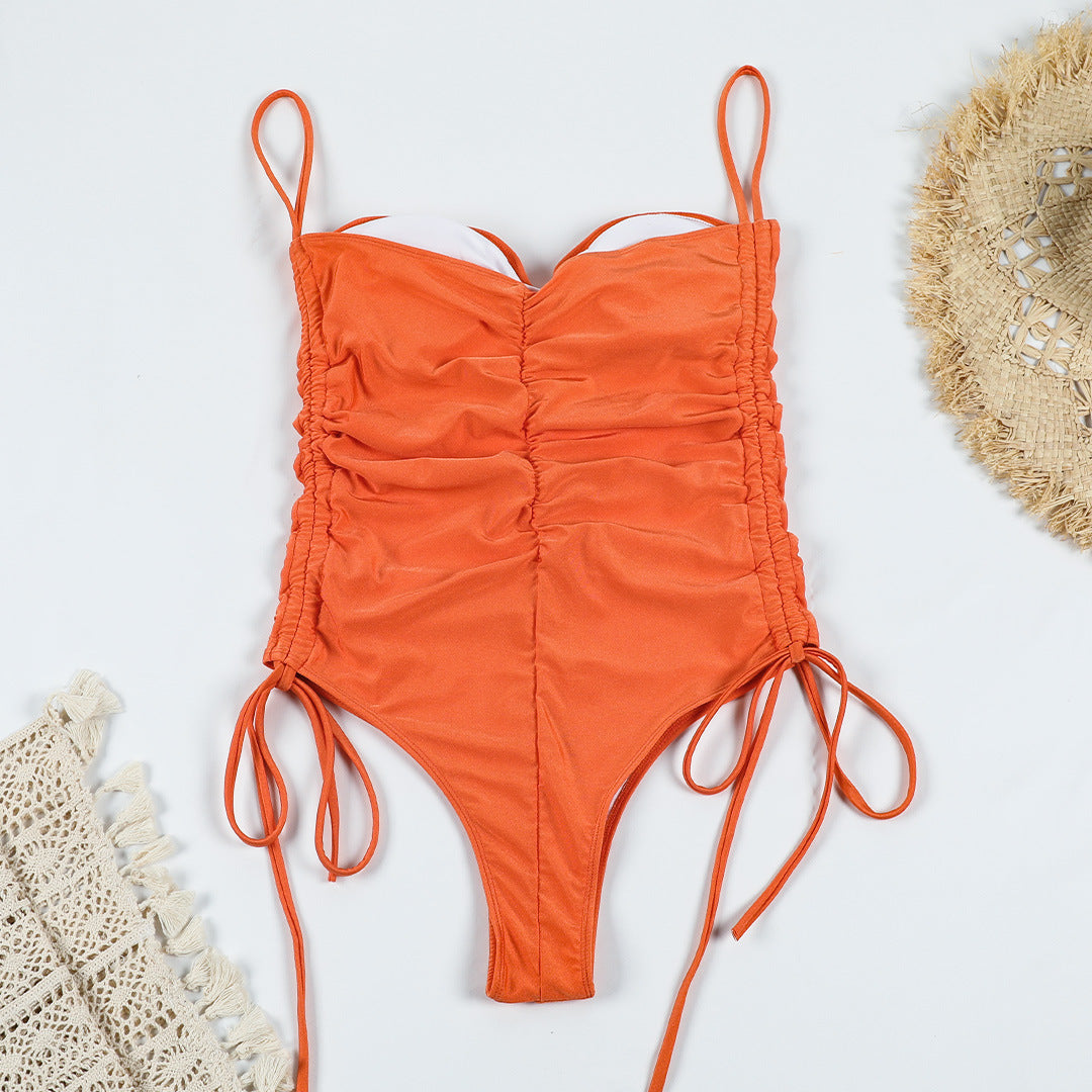 Cinched Front High Leg One Piece Swimsuit - Orange - 1