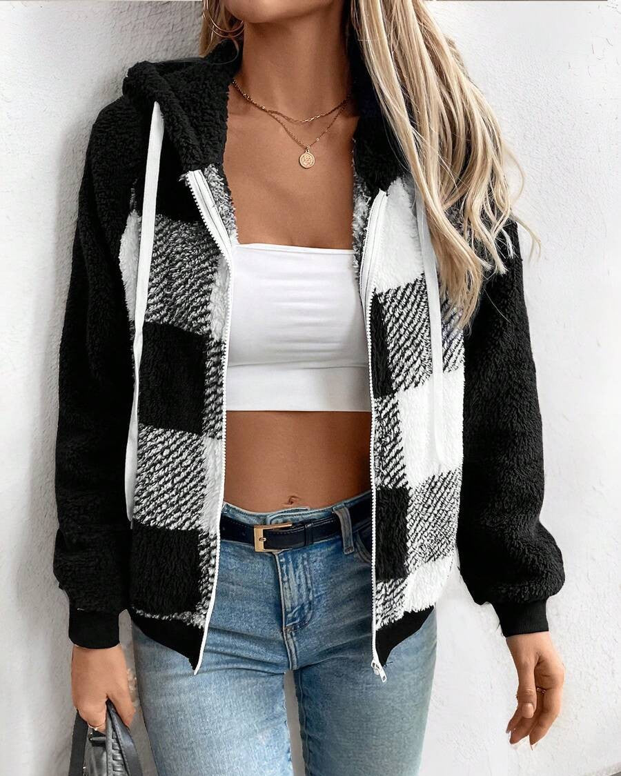 Buffalo Plaid Sherpa Hooded Zip Jacket - Black