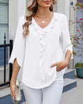 Cascade Ruffle Split Sleeve Chiffon Blouse - White