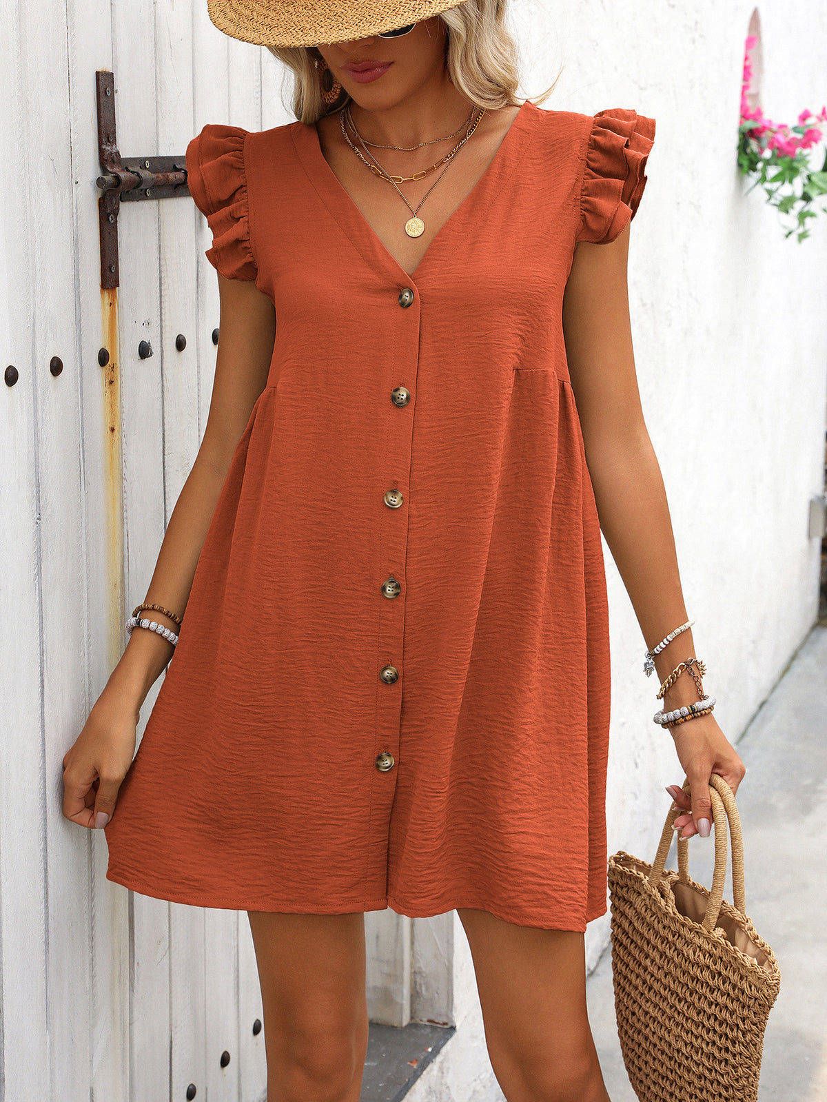 Ruffle Shoulder Button Front Mini Dress - Orange