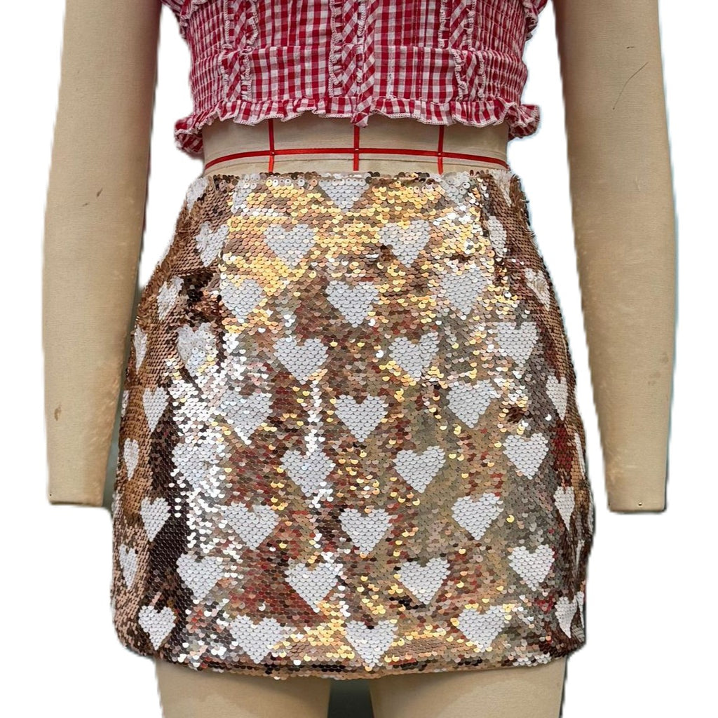 Y2K Sequin Heart Mini Skirt - Gold