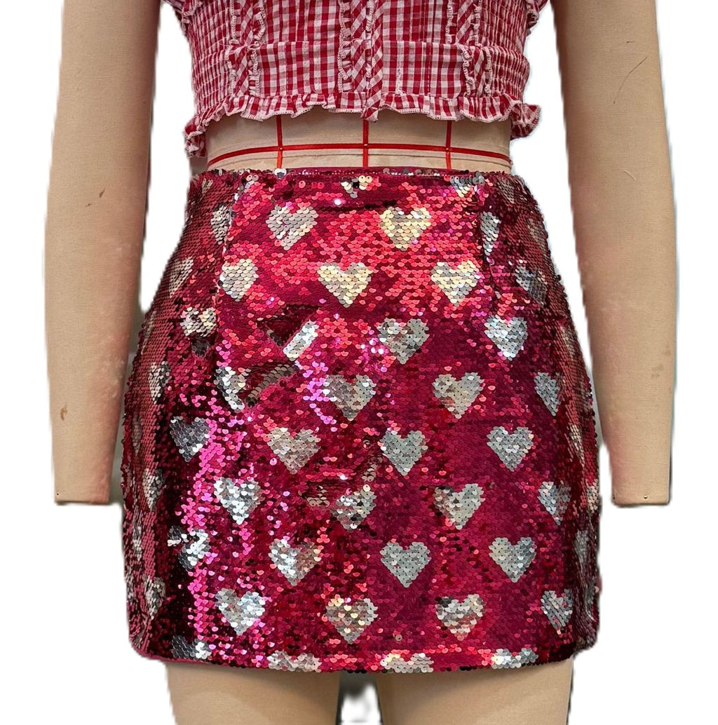 Y2K Sequin Heart Mini Skirt - Rosered