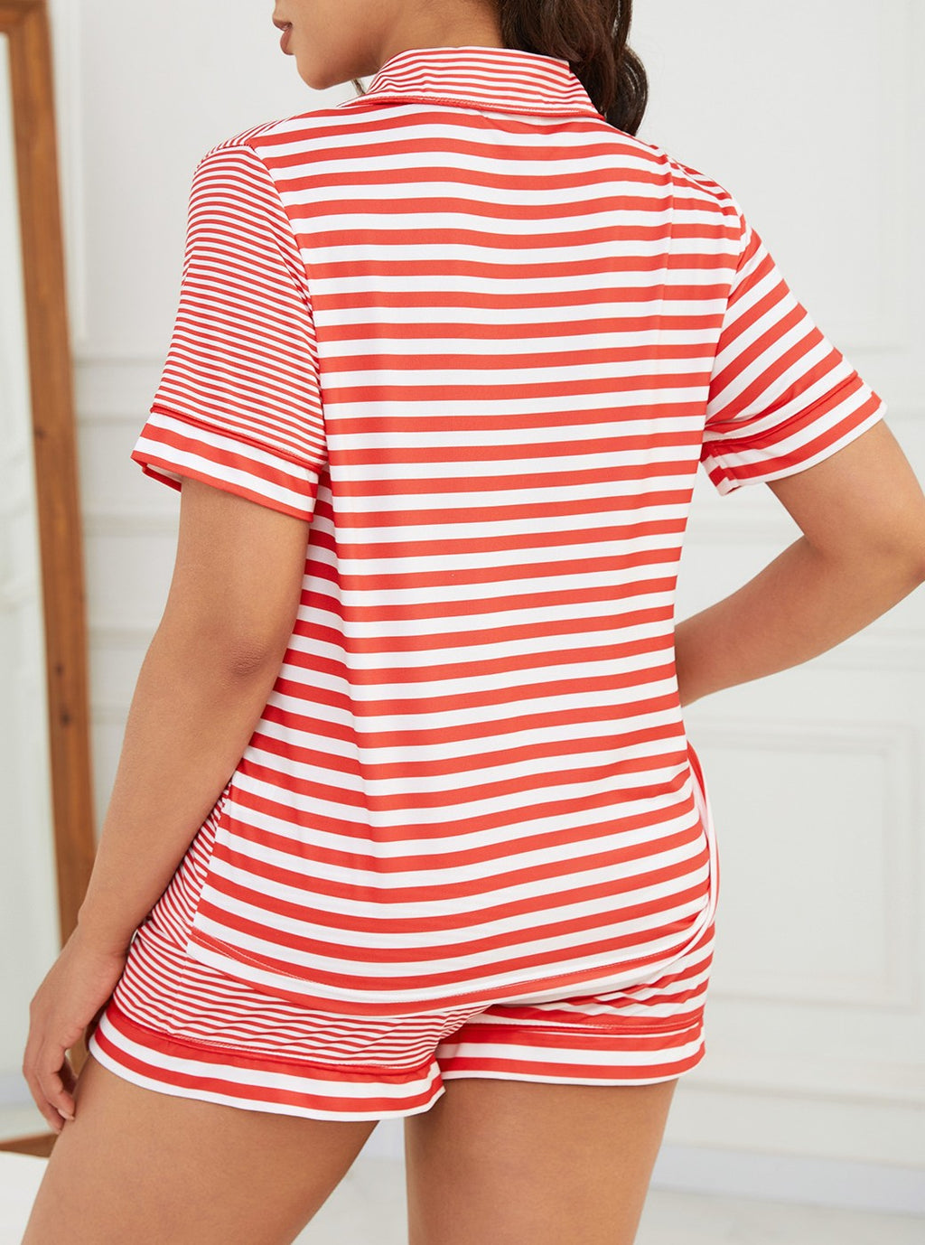 Classic Stripe Notch Collar Pajama Set - Red - 1