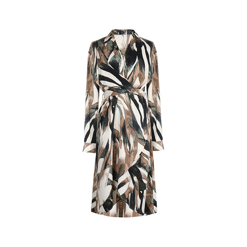 Abstract Print Tie Waist Wrap Dress - Coffee