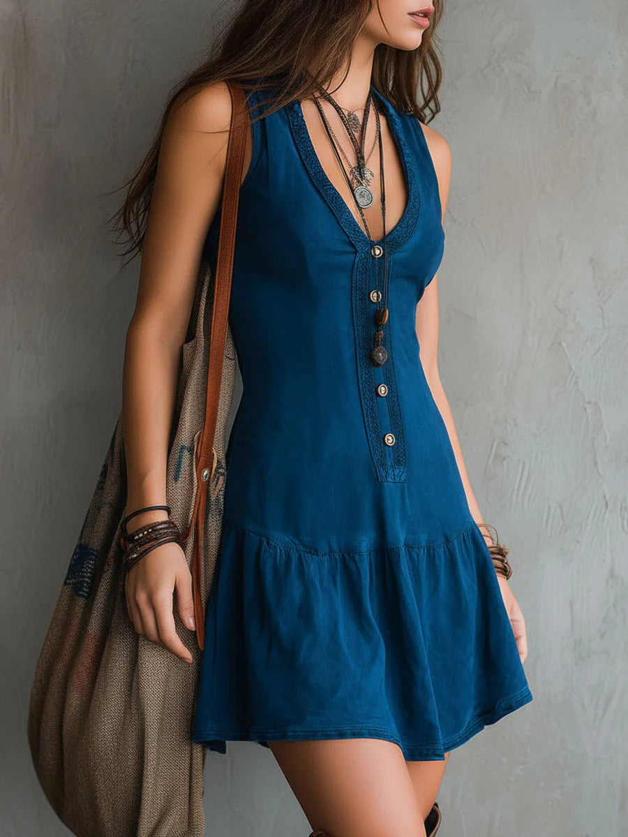 Ruffle-Hem Boho Lace-Trim Sleeveless Mini Dress - Blue