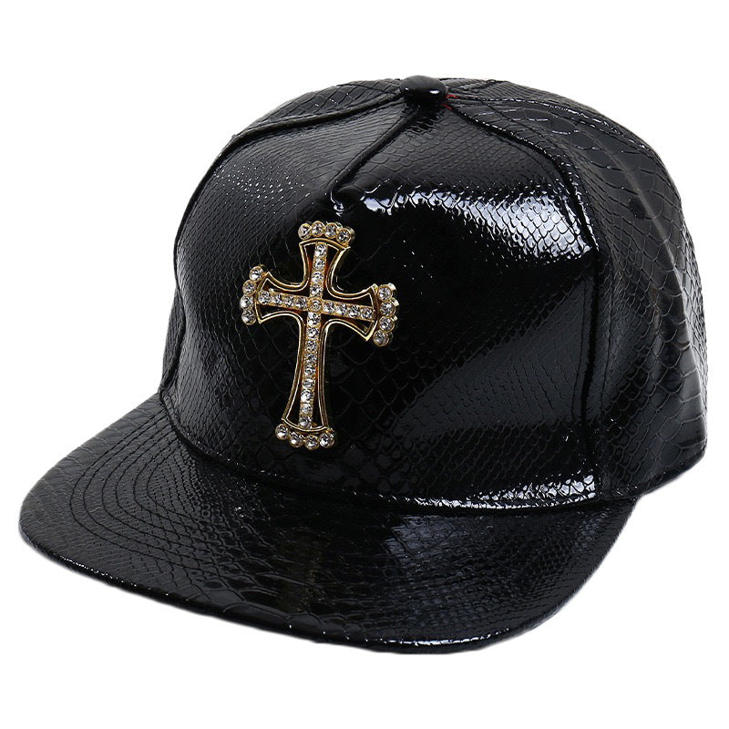 Snake-Texture Faux-Leather Rhinestone Emblem Cap - view 9