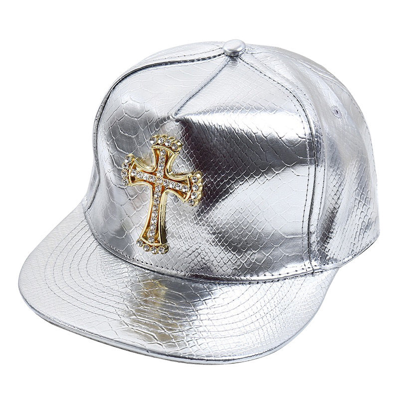 Snake-Texture Faux-Leather Rhinestone Emblem Cap - view 12