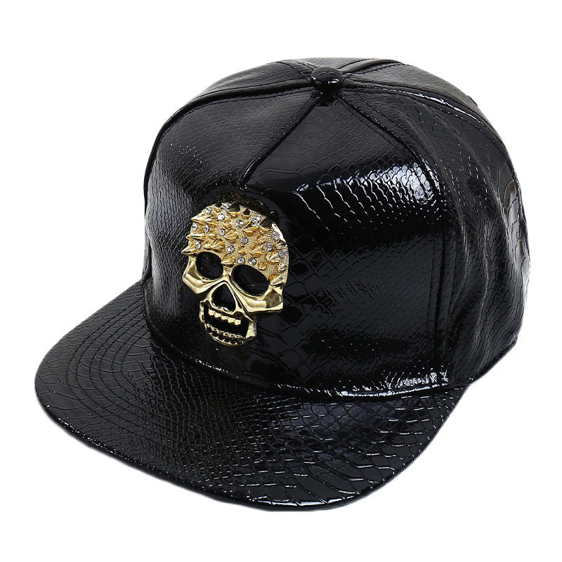 Snake-Texture Faux-Leather Rhinestone Emblem Cap - view 5