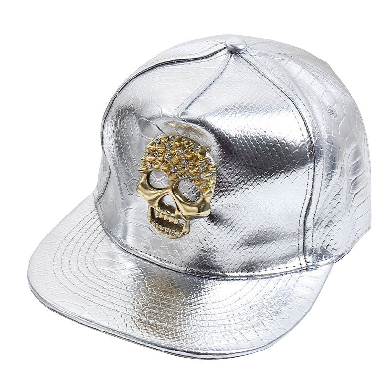 Snake-Texture Faux-Leather Rhinestone Emblem Cap - view 8