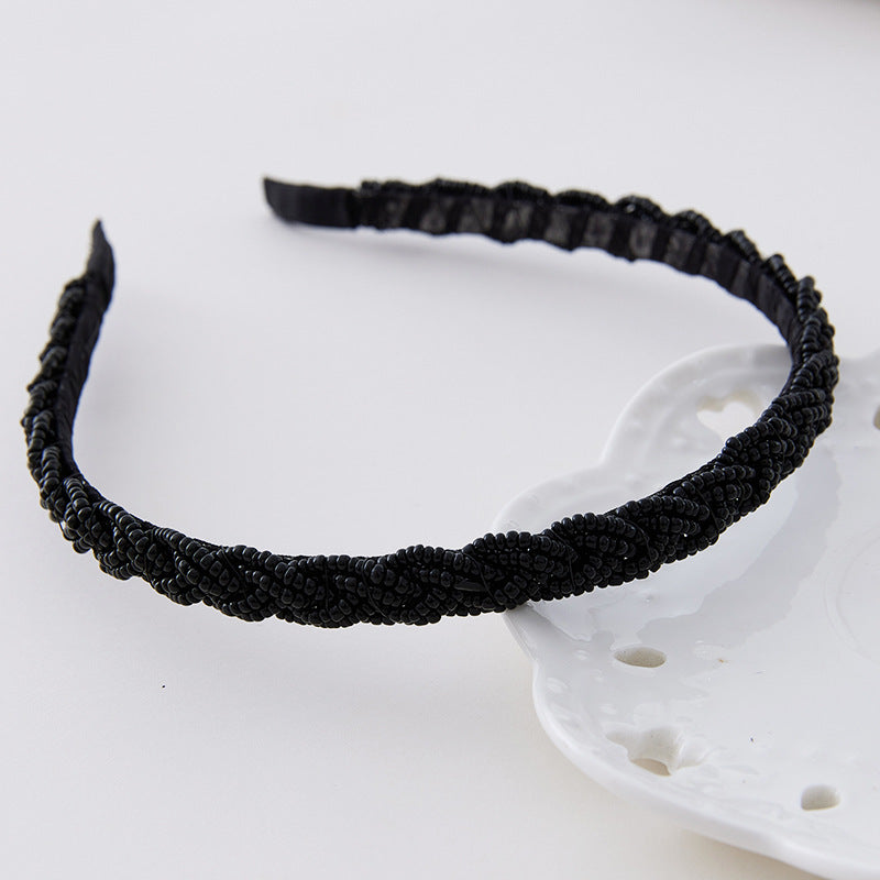 Slim Braided Beaded Headband - Black