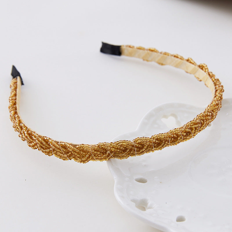 Slim Braided Beaded Headband - Gold